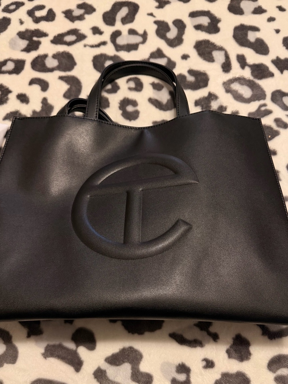 Telfar Medium Black Faux Leather Shopping Tote with Embossed Logo